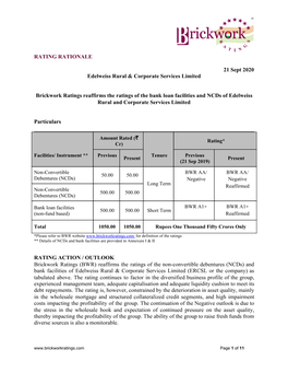 RATING RATIONALE 21 Sept 2020 Edelweiss Rural & Corporate