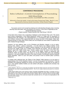 Dabro Leshalom1: a Jewish Contemplation of Peacemaking Rabbi Edward Rettig2 American Jewish Committee, Israel/Middle East Office, Jerusalem