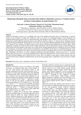 Monitoring Arthropods Fauna Associated with Sunflower (Helianthus Annuus L.) Varieties Used in Cut Flower Trade Industry in South Florida, USA