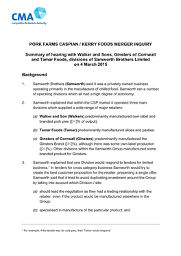 Pork Farms / Kerry Foods: Summary of Hearing with Samworth on 4 March 2015