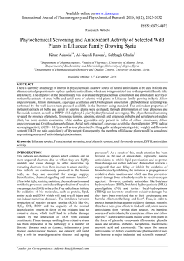 Phytochemical Screening and Antioxidant Activity of Selected Wild Plants in Liliaceae Family Growing Syria