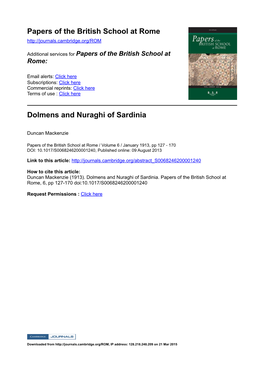 Papers of the British School at Rome Dolmens and Nuraghi of Sardinia