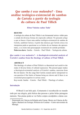 Que Samba É Esse Malandro? - Uma Análise Teológico-Existencial De Sambas De Cartola a Partir Da Teologia Da Cultura De Paul Tillich