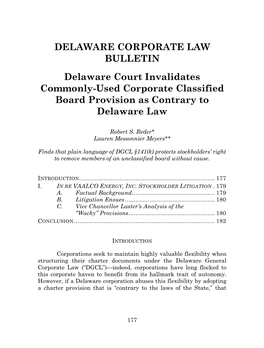 Delaware Court Invalidates Commonly-Used Corporate Classified Board Provision As Contrary to Delaware Law