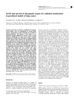 XIAP and Survivin As Therapeutic Targets for Radiation Sensitization in Preclinical Models of Lung Cancer