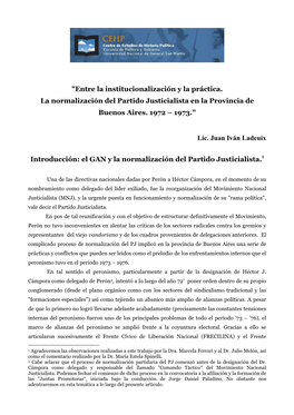 Entre La Institucionalización Y La Práctica. La Normalización Del Partido Justicialista En La Provincia De Buenos Aires