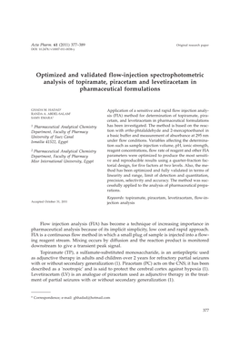 Optimized and Validated Flow-Injection Spectrophotometric Analysis of Topiramate, Piracetam and Levetiracetam in Pharmaceutical Formulations