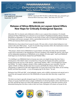 NEWS RELEASE for IMMEDIATE RELEASE USFWS: Ken Foote 808-792-9535 Or 808-282-9442, Ken Foote@Fws.Gov