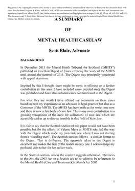 A SUMMARY of MENTAL HEALTH CASELAW Scott Blair, Advocate