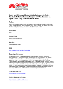 Safety and Efficacy of Tofacitinib in Patients with Active Psoriatic Arthritis: Interim Analysis of OPAL Balance, an Open-Label, Long-Term Extension Study