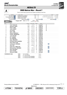 RESULTS 5000 Metres Men - Round 1 First 5 in Each Heat (Q) and the Next 5 Fastest (Q) Advance to the Final