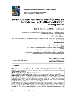 Internet Addiction, Problematic Smartphone Use and Psychological Health of Nigerian University Undergraduates