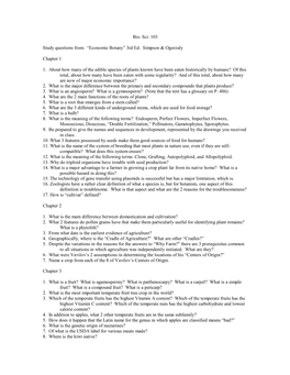 Bio. Sci. 103 Study Questions From: “Economic Botany” 3Rd Ed. Simpson & Ogorzaly Chapter 1 1. About How Many of the E