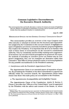 Common Legislative Encroachments on Executive Branch Authority