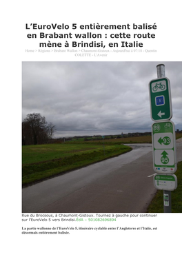 L'eurovelo 5 Entièrement Balisé En Brabant Wallon