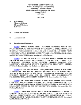 NEW CASTLE COUNTY COUNCIL Louis L. Redding City/County Building City/County Council Chambers 800 French Street, Wilmington, DE 19801 August 27, 2019 6:30 P.M