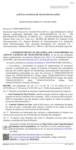 Processo Nº 53500.010080/2019-55 Interessado: Algar Telecom S/A, ALGAR CELULAR S.A., Algar Multimídia S/A, Brasil Telecom Comunicação Multimídia Ltda