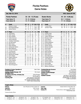 Florida Panthers Game Notes