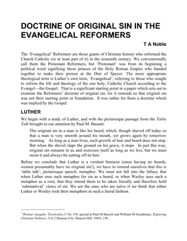 DOCTRINE of ORIGINAL SIN in the EVANGELICAL REFORMERS T a Noble