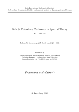 10Th St. Petersburg Conference in Spectral Theory Programme And