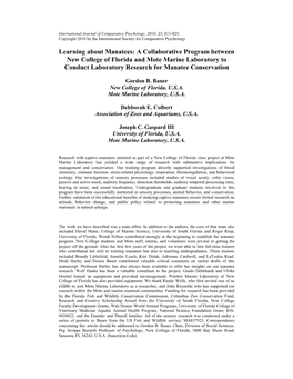 Learning About Manatees: a Collaborative Program Between New College of Florida and Mote Marine Laboratory to Conduct Laboratory Research for Manatee Conservation