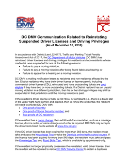 DC DMV Communication Related to Reinstating Suspended Driver Licenses and Driving Privileges (As of December 10, 2018)