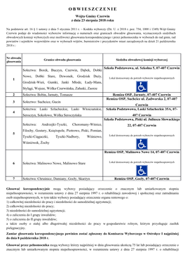 OBWIESZCZENIE Wójta Gminy Czerwin Z Dnia 23 Sierpnia 2018 Roku