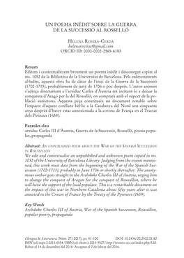 Un Poema Inèdit Sobre La Guerra De La Successió Al Rosselló
