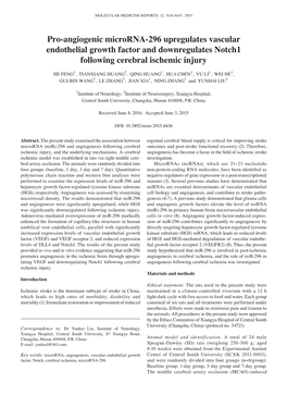 Pro‑Angiogenic Microrna‑296 Upregulates Vascular Endothelial Growth Factor and Downregulates Notch1 Following Cerebral Ischemic Injury