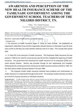 Awareness and Perception of the New Health Insurance Scheme of the Tamilnadu Government Among the Government School Teachers of the Nilgiris District, Tn