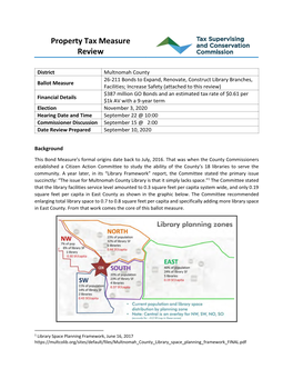 Property Tax Measure Review Ballot Measure 26-211 Multnomah County Library GO Bonds September 10, 2020