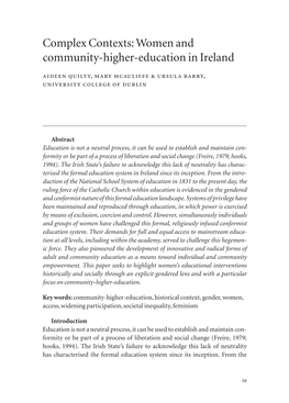 Complex Contexts: Women and Community-Higher-Education in Ireland Aideen Quilty, Mary Mcauliffe & Ursula Barry, University College of Dublin