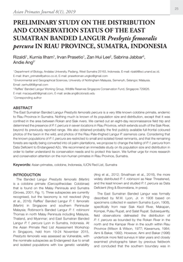 PRELIMINARY STUDY on the DISTRIBUTION and CONSERVATION STATUS of the EAST SUMATRAN BANDED LANGUR Presbytis Femoralis Percura in RIAU PROVINCE, SUMATRA, INDONESIA