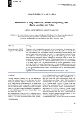 Helminth Fauna of Spiny Tailed Lizard, Darevskia Rudis (Bedriaga, 1886) (Sauria: Lacertidae) from Turkey