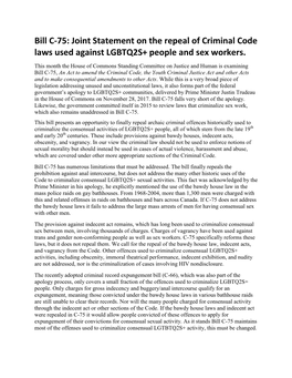 Bill C-75: Joint Statement on the Repeal of Criminal Code Laws Used Against LGBTQ2S+ People and Sex Workers