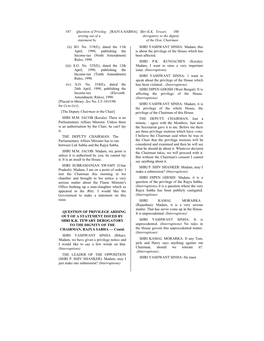 187 Question of Privileg [RAJYA SABHA] Shri K.K. Tewari, 188 Arising out of a Derogatory to the Dignity Statement by of the Hon