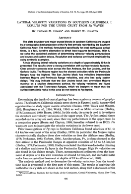 Bulletin of the Seismological Society of America, Vol. 76, No. 2, Pp. 495-509, April 1986 LATERAL VELOCITY VARIATIONS in SOUTHER