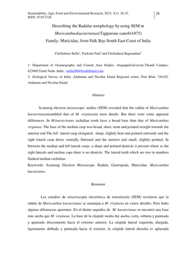 Describing the Radular Morphology by Using SEM in Muricanthuskuesterianus(Tapparone-Canefri1875) Family: Muricidae, from Palk Bay-South East Coast of India