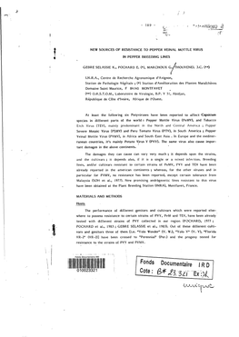 New Sources of Resistance to Pepper Veinal Mottle Virus in Pepper