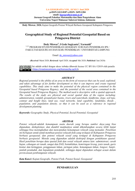 Geographical Study of Regional Potential Geospatial Based on Pringsewu District