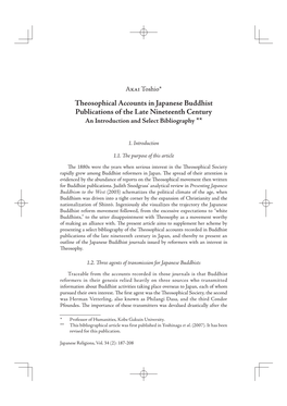 Theosophical Accounts in Japanese Buddhist Publications of the Late Nineteenth Century an Introduction and Select Bibliography **