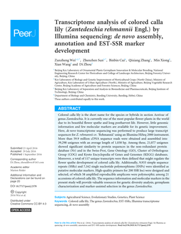 Transcriptome Analysis of Colored Calla Lily (Zantedeschia Rehmannii Engl.) by Illumina Sequencing: De Novo Assembly, Annotation and EST-SSR Marker Development