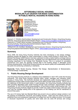 Affordable Social Housing: Modular Flat Design for Mass Customization in Public Rental Housing in Hong Kong