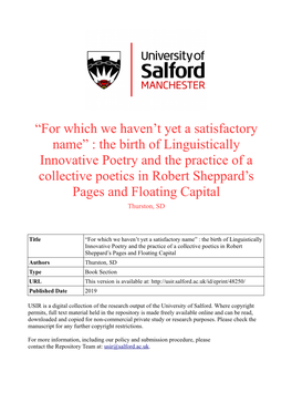 The Birth of Linguistically Innovative Poetry and the Practice of a Collective Poetics in Robert Sheppard’S Pages and Floating Capital Thurston, SD