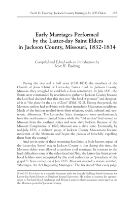 Early Marriages Performed by the Latter-Day Saint Elders in Jackson County, Missouri, 1832-1834