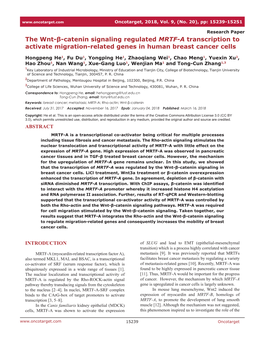 The Wnt-Β-Catenin Signaling Regulated MRTF-A Transcription to Activate Migration-Related Genes in Human Breast Cancer Cells