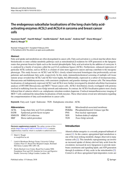 The Endogenous Subcellular Localisations of the Long Chain Fatty Acid-Activating Enzymes ACSL3 and ACSL4 in Sarcoma and Breast C