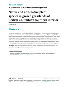 Native and Non-Native Plant Species in Grazed Grasslands of British Columbia’S Southern Interior