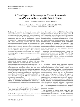 A Case Report of Pneumocystis Jiroveci Pneumonia in a Patient with Metastatic Breast Cancer ABHIJIT RAY 1, BRIAN KHONG 2 and HUNG T