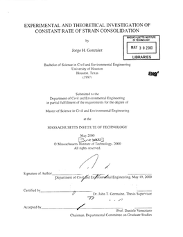 EXPERIMENTAL and THEORETICAL INVESTIGATION of CONSTANT RATE of STRAIN CONSOLIDATION MASSACHUSETTS INSTI TUTE by of TECHNOLOGY